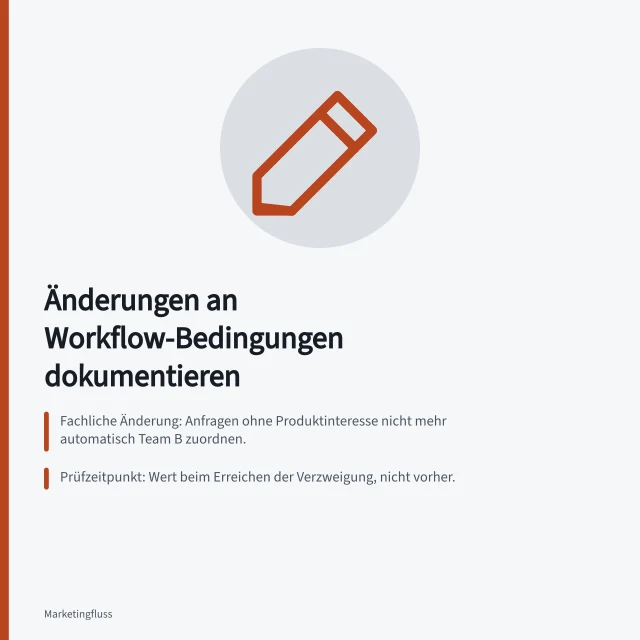 Änderungen an Workflow-Bedingungen dokumentieren: Fachliche Änderung: Anfragen ohne Produktinteresse nicht mehr automatisch Team B zuordnen.; Prüfzeitpunkt: Wert beim Erreichen der Verzweigung, nicht vorher.; Geänderter Fall: Leerer Wert führt zu Klärung statt Team B. Änderungen an Workflow-Bedingungen dokumentieren