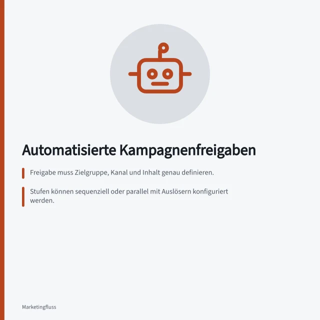 Automatisierte Kampagnenfreigaben: Freigabe muss Zielgruppe, Kanal und Inhalt genau definieren.; Stufen können sequenziell oder parallel mit Auslösern konfiguriert werden.; Kommentare sind nicht automatisch Freigabeentscheidung – Unterscheidung erforderlich. Automatisierte Kampagnenfreigaben