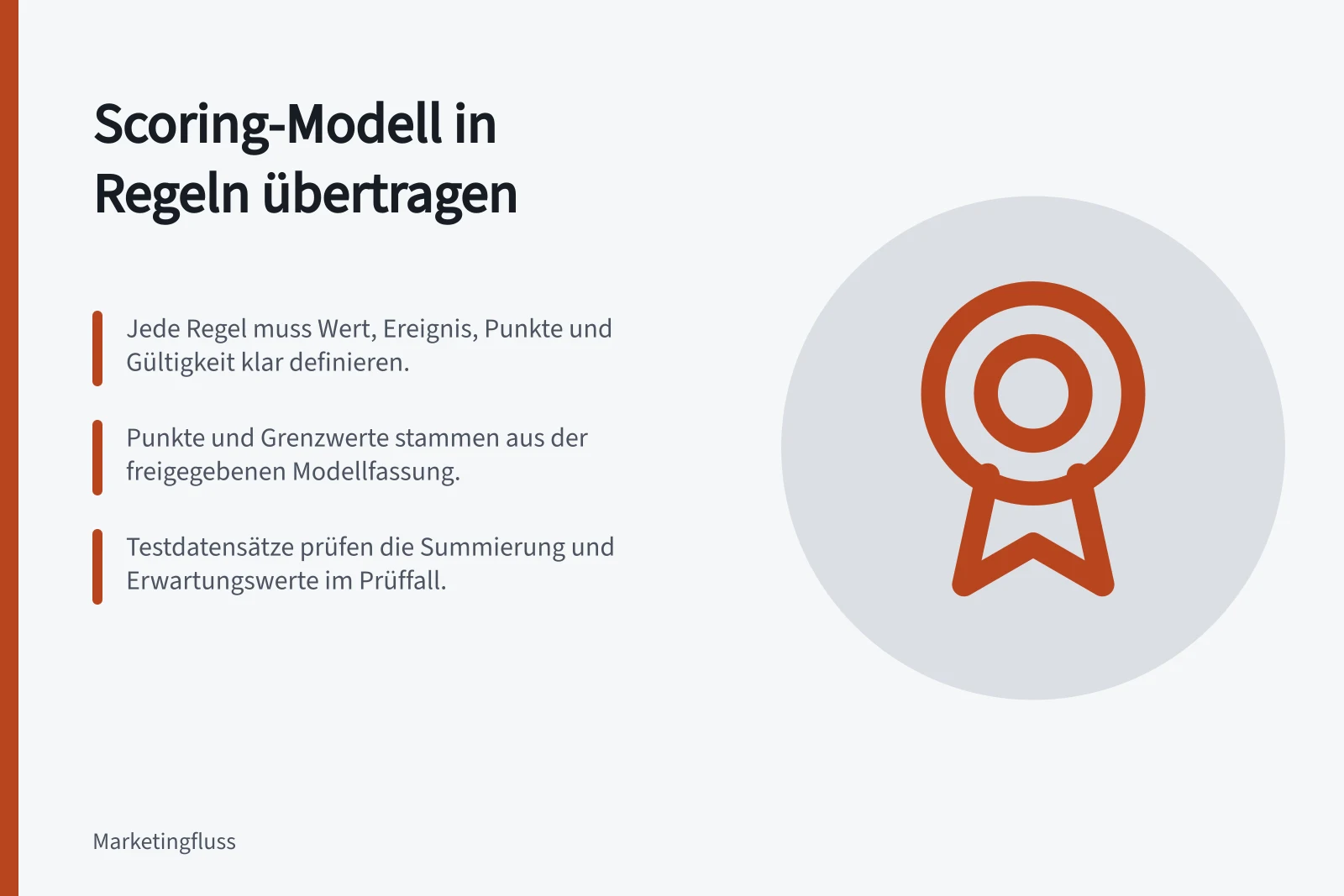 Scoring-Modell in Regeln übertragen: Jede Regel muss Wert, Ereignis, Punkte und Gültigkeit klar definieren.; Punkte und Grenzwerte stammen aus der freigegebenen Modellfassung.; Testdatensätze prüfen die Summierung und Erwartungswerte im Prüffall.