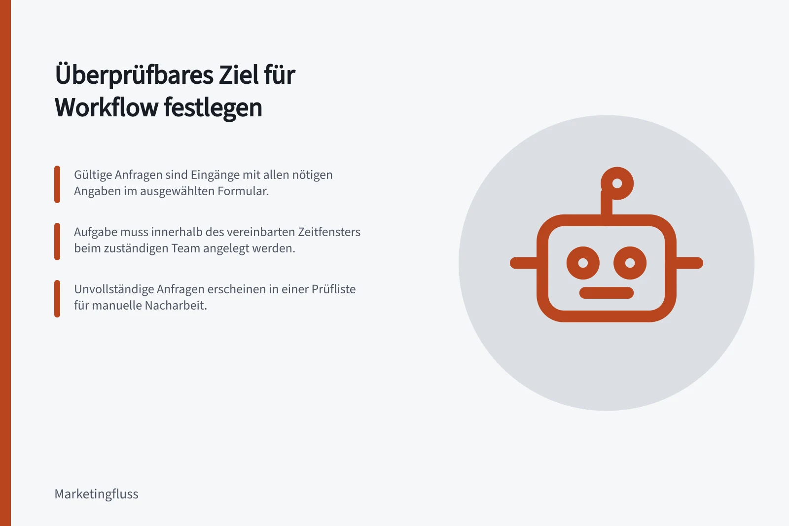 Überprüfbares Ziel für Workflow festlegen: Gültige Anfragen sind Eingänge mit allen nötigen Angaben im ausgewählten Formular.; Aufgabe muss innerhalb des vereinbarten Zeitfensters beim zuständigen Team angelegt werden.; Unvollständige Anfragen erscheinen in einer Prüfliste für manuelle Nacharbeit.