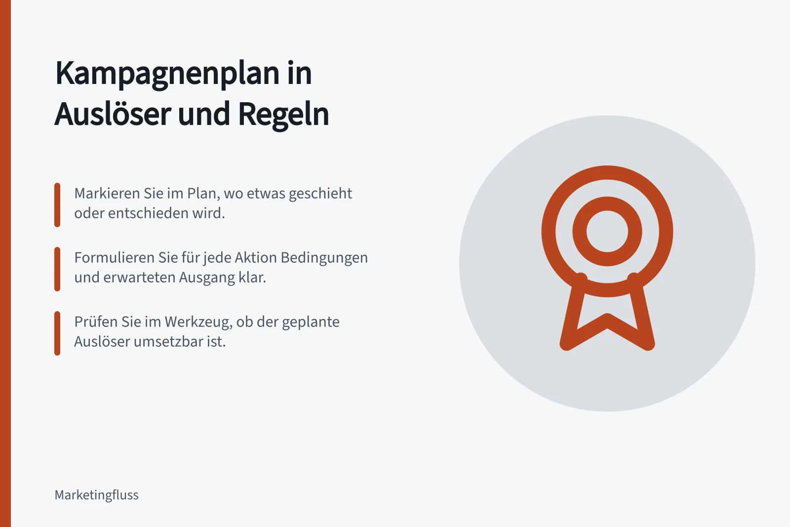 Kampagnenplan in Auslöser und Regeln: Markieren Sie im Plan, wo etwas geschieht oder entschieden wird.; Formulieren Sie für jede Aktion Bedingungen und erwarteten Ausgang klar.; Prüfen Sie im Werkzeug, ob der geplante Auslöser umsetzbar ist.