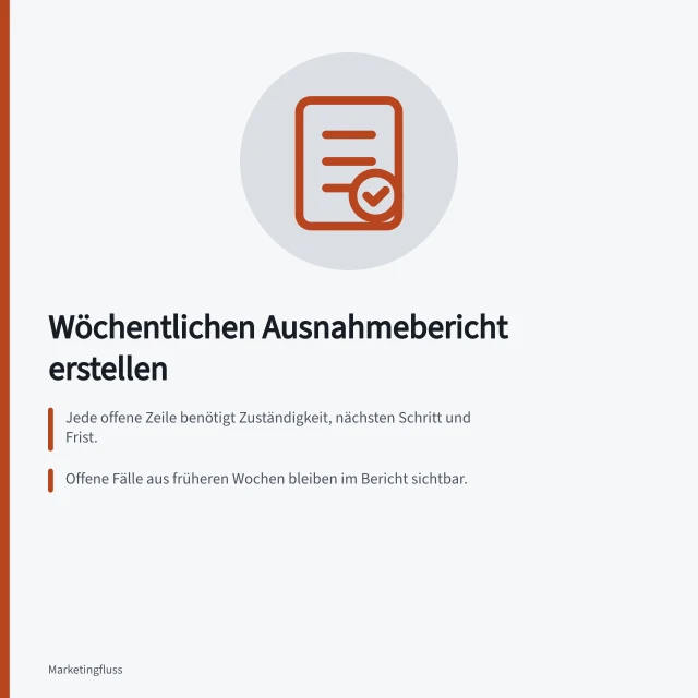 Wöchentlichen Ausnahmebericht erstellen: Jede offene Zeile benötigt Zuständigkeit, nächsten Schritt und Frist.; Offene Fälle aus früheren Wochen bleiben im Bericht sichtbar.; Protokolle werden nach 90 Tagen gelöscht und bei 100.000 Erfolgen pro Tag begrenzt. Einen wöchentlichen Ausnahmebericht erstellen