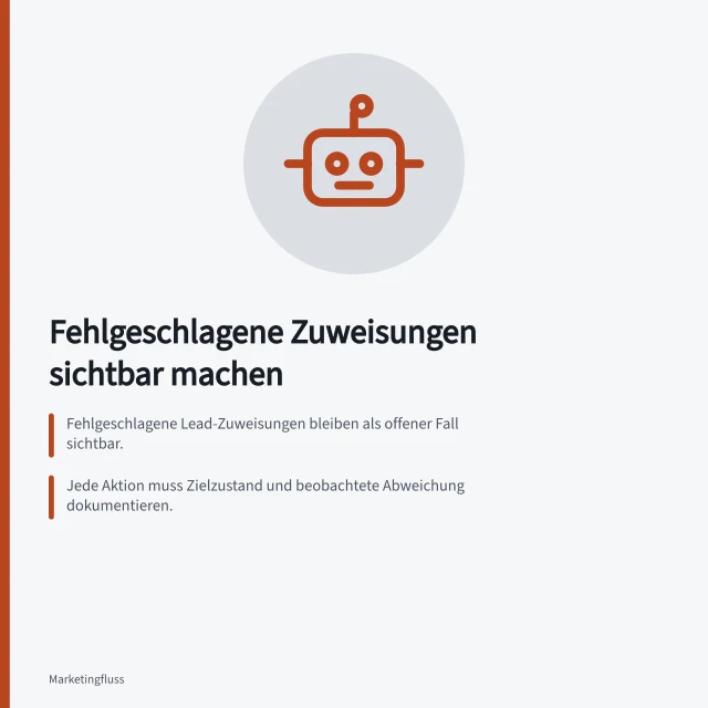 Fehlgeschlagene Zuweisungen sichtbar machen: Fehlgeschlagene Lead-Zuweisungen bleiben als offener Fall sichtbar.; Jede Aktion muss Zielzustand und beobachtete Abweichung dokumentieren.; HubSpot speichert Fehlerprotokolle bis zu 90 Tage lang. Fehlgeschlagene Zuweisungen sichtbar machen