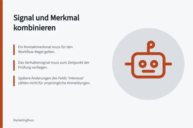 Signal und Merkmal kombinieren: Ein Kontaktmerkmal muss für den Workflow-Regel gelten.; Das Verhaltensignal muss zum Zeitpunkt der Prüfung vorliegen.; Spätere Änderungen des Felds 'Interesse' zählen nicht für ursprüngliche Anmeldungen. Kontaktmerkmale mit Verhaltenssignalen kombinieren
