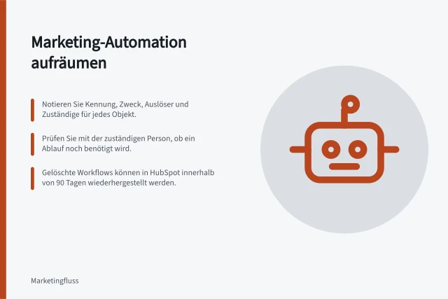 Marketing-Automation aufräumen: Notieren Sie Kennung, Zweck, Auslöser und Zuständige für jedes Objekt.; Prüfen Sie mit der zuständigen Person, ob ein Ablauf noch benötigt wird.; Gelöschte Workflows können in HubSpot innerhalb von 90 Tagen wiederhergestellt werden. Marketing-Automation aufräumen
