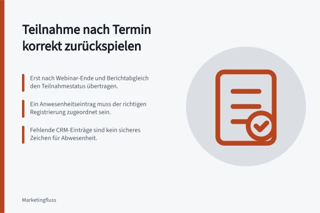 Teilnahme nach Termin korrekt zurückspielen: Erst nach Webinar-Ende und Berichtabgleich den Teilnahmestatus übertragen.; Ein Anwesenheitseintrag muss der richtigen Registrierung zugeordnet sein.; Fehlende CRM-Einträge sind kein sicheres Zeichen für Abwesenheit. Teilnahme nach dem Termin korrekt zurückspielen
