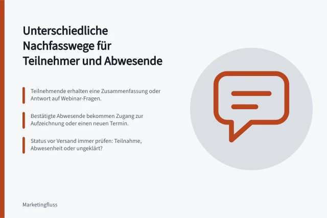Unterschiedliche Nachfasswege für Teilnehmer und Abwesende: Teilnehmende erhalten eine Zusammenfassung oder Antwort auf Webinar-Fragen.; Bestätigte Abwesende bekommen Zugang zur Aufzeichnung oder einen neuen Termin.; Status vor Versand immer prüfen: Teilnahme, Abwesenheit oder ungeklärt?. Unterschiedliche Nachfassaktionen für Teilnehmer und Abwesende auslösen
