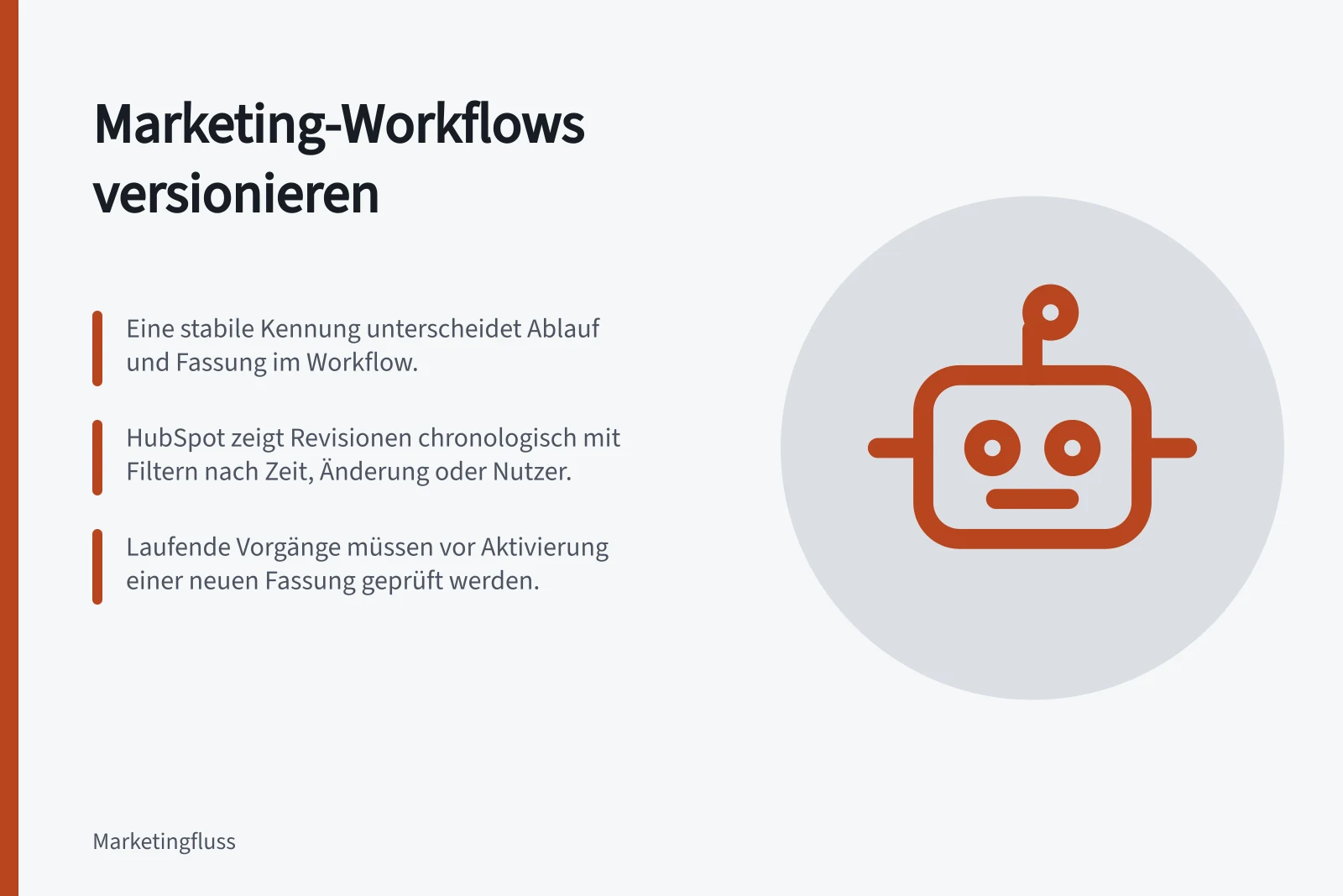 Marketing-Workflows versionieren: Eine stabile Kennung unterscheidet Ablauf und Fassung im Workflow.; HubSpot zeigt Revisionen chronologisch mit Filtern nach Zeit, Änderung oder Nutzer.; Laufende Vorgänge müssen vor Aktivierung einer neuen Fassung geprüft werden.