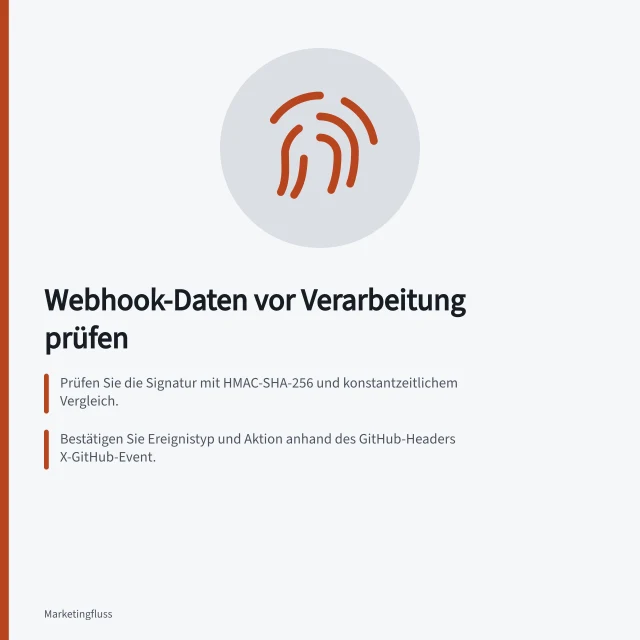 Webhook-Daten vor Verarbeitung prüfen: Prüfen Sie die Signatur mit HMAC-SHA-256 und konstantzeitlichem Vergleich.; Bestätigen Sie Ereignistyp und Aktion anhand des GitHub-Headers X-GitHub-Event.; Speichern Sie Zustellkennungen, um doppelte CRM-Änderungen zu vermeiden. Webhook-Daten vor der Verarbeitung prüfen