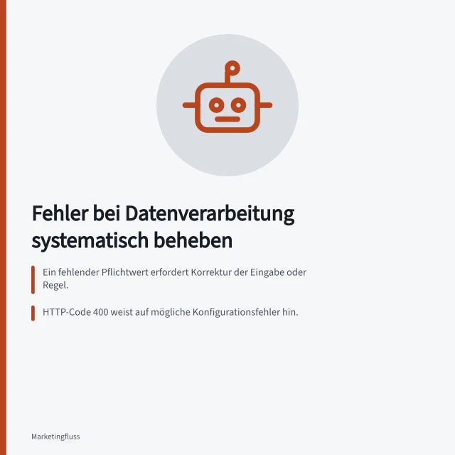 Fehler bei Datenverarbeitung systematisch beheben: Ein fehlender Pflichtwert erfordert Korrektur der Eingabe oder Regel.; HTTP-Code 400 weist auf mögliche Konfigurationsfehler hin.; Wiederholungen sind nur sinnvoll, wenn doppelte Aktionen verhindert werden. Wiederholbare Fehler von ungültigen Daten trennen