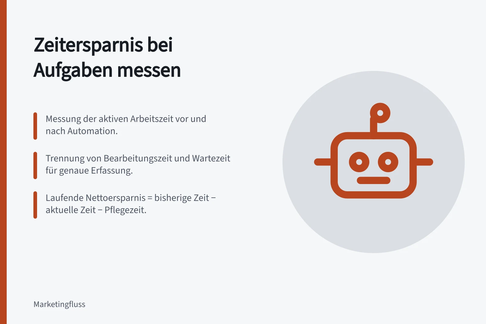 Zeitersparnis bei Aufgaben messen: Messung der aktiven Arbeitszeit vor und nach Automation.; Trennung von Bearbeitungszeit und Wartezeit für genaue Erfassung.; Laufende Nettoersparnis = bisherige Zeit − aktuelle Zeit − Pflegezeit.